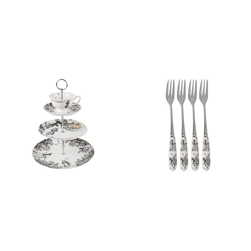 V&A Alice in Wonderland 3-Tier Cake Stand & V&A Alice in Wonderland Stainless Steel Dessert/Pastry Forks with Decorative Porcelain Handles, 15.5 cm - White