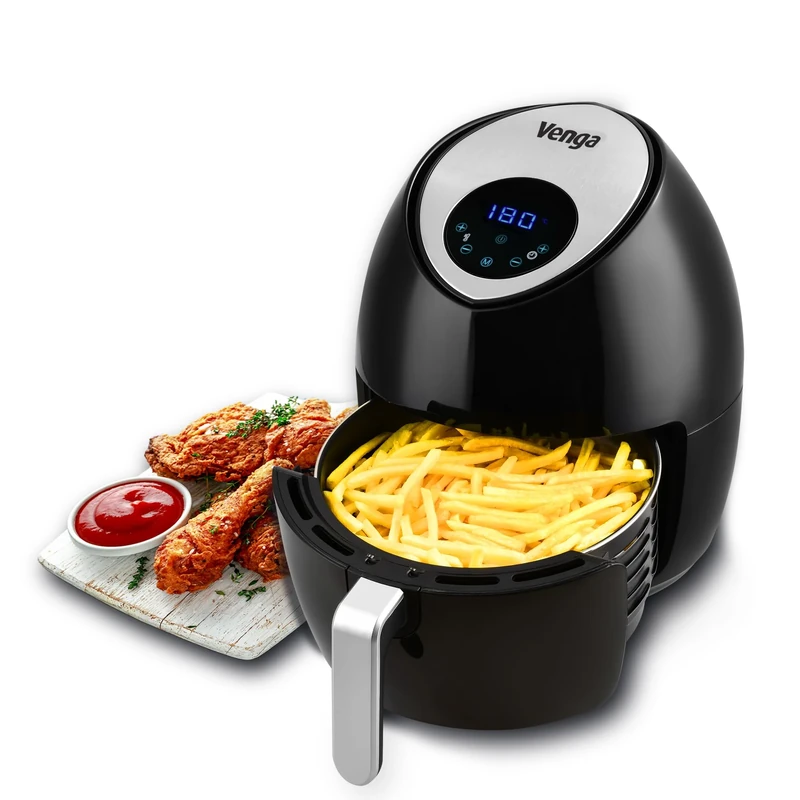 Venga! Air Fryer, 4.5 Litres, With Digital Timer and Temperature Control (80-200°C), 7 Menus Pre-set, 1 500 W, Black, VG AFT 3006 BS