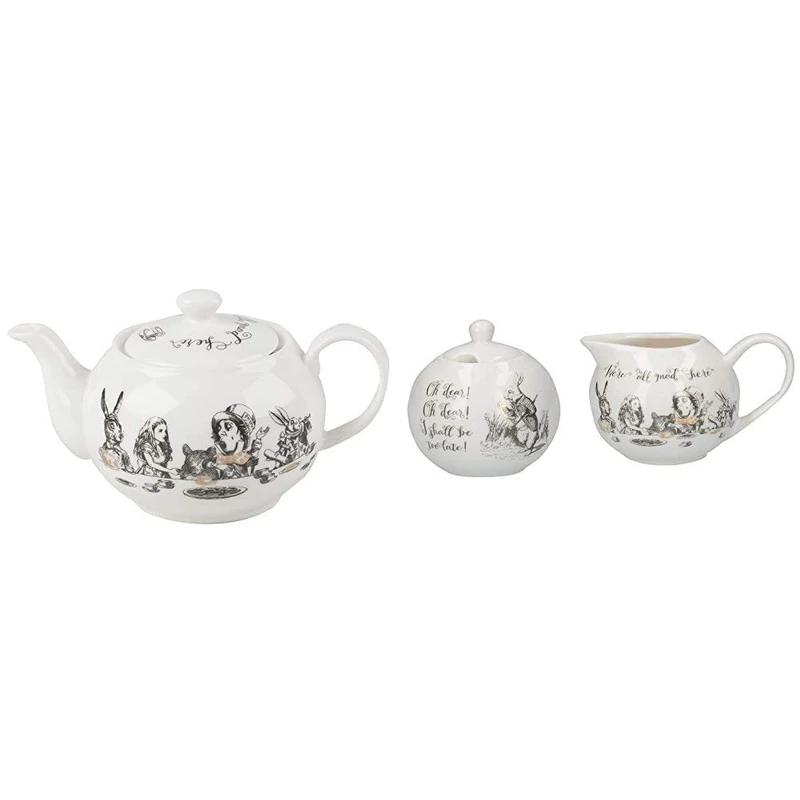 V&A Alice in Wonderland Mini Teapot, 450ml (16 fl oz) & V&A Alice in Wonderland Fine China Milk Jug and Sugar Bowl Set with Decorative Illustrations (2 Pieces) - White - Image 1
