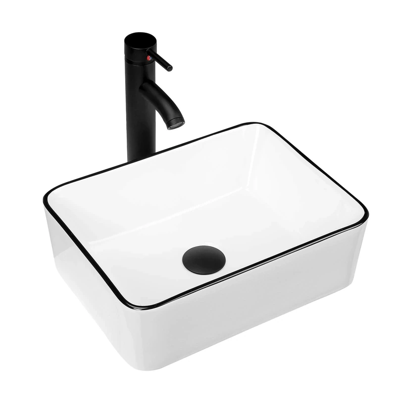 KSWIN Ceramic Rectangular Bathroom Vessel Sink, White Body with Black Trim on The Top, Above Counter Vanity Sink Include Faucet Combo, 16'' x 12''