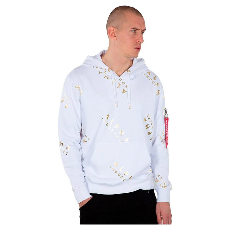 Alpha Industries Men's AOP Hoody Foil Print Hooded Sweatshirt, White/Yellow Gold, XL