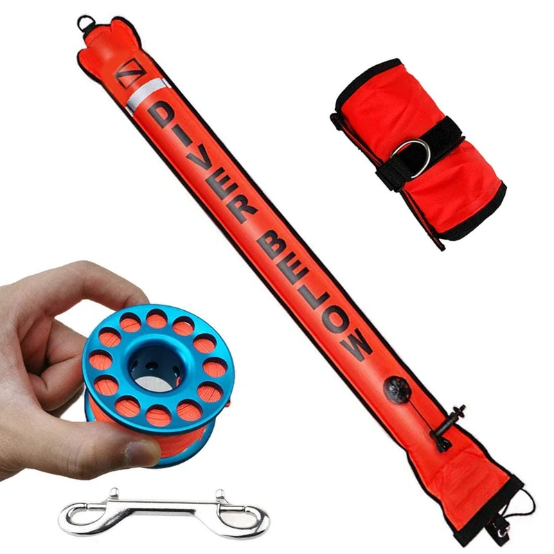JZLiner DSMB 6ft Surface Marker Buoy with 100ft Finger Spool Reel Diver Below Signal Flag Tube Scuba Diving Equipment Open Bottom Set (6ft)