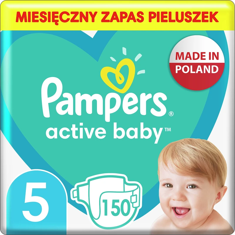 Pampers Diaper Size 5 (11-16kg), Active Baby Diapers, 150 Pcs, Monthly Packaging, Leakage Protection Round The Clock