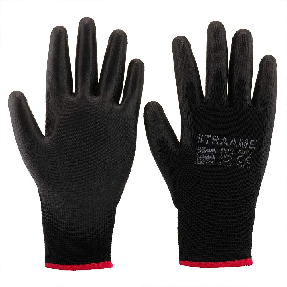 Straame Pack of 12 or 24 Black Safety Work Gloves, Outdoors PU and Nylon Non-Slip Work Handling Gloves, Good Dexterity Firm Grip Protective Working Gloves Size (Pack of 12 Pair's, L)