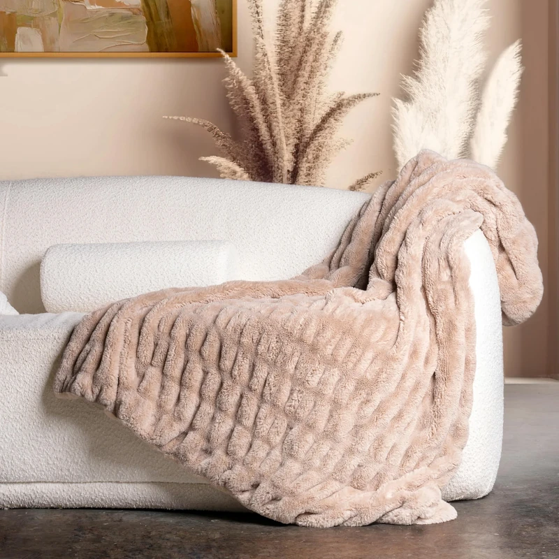 Luxury Concepts Soft Faux Rabbit Fur Throw Blanket - 50" x 60", Elegant Ruched Design Blanket, Machine Washable and Wrinkle Resistant, Lightweight Tan Throw Blanket for Couch, Sofa and Bed