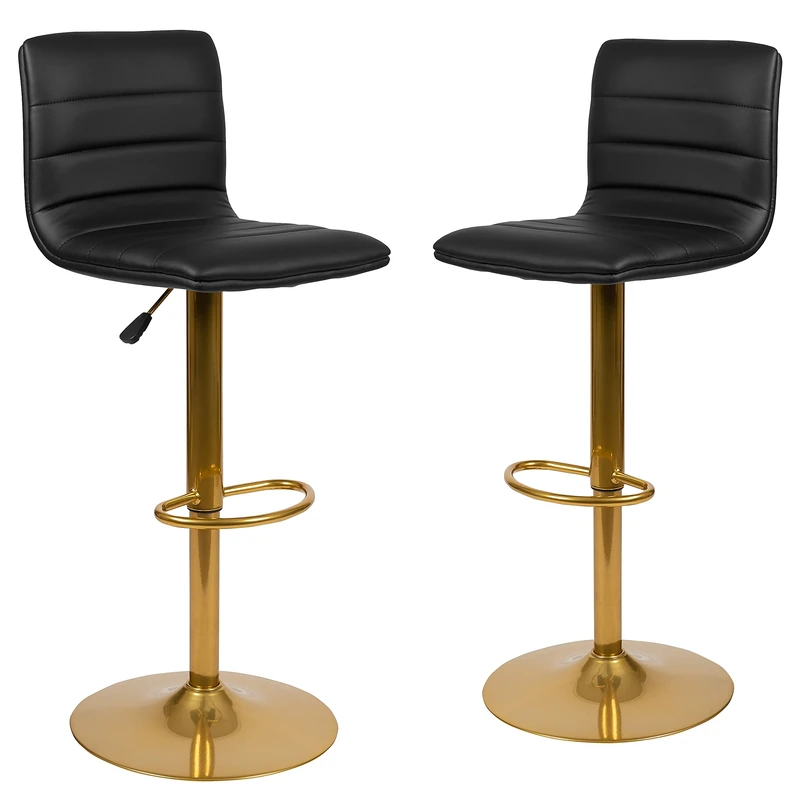 Flash Furniture Vincent Modern Black Vinyl Adjustable Bar Stool with Back, Counter Height Swivel Stool with Gold Pedestal Base, Set of 2 - Image 1