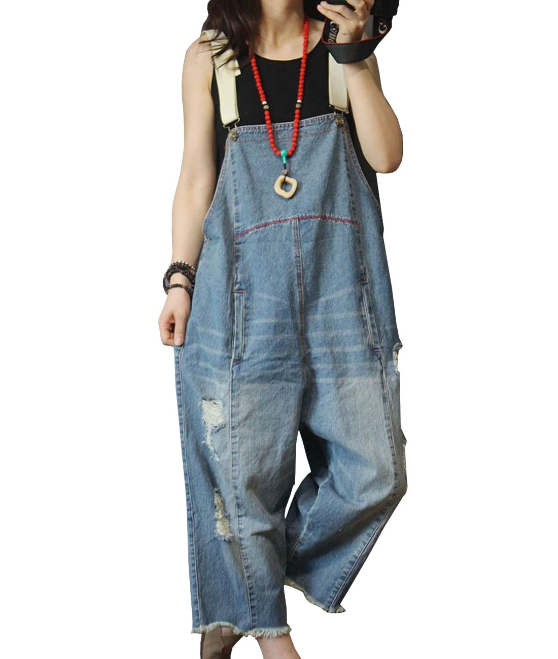 YESNO Women Loose Fit Denim Dungarees Casual Printed Baggy Jumpsuit Distressed Long Wide Leg Overalls Jeans Pants Trousers P49UK (2XL, P49 Blue-UK)