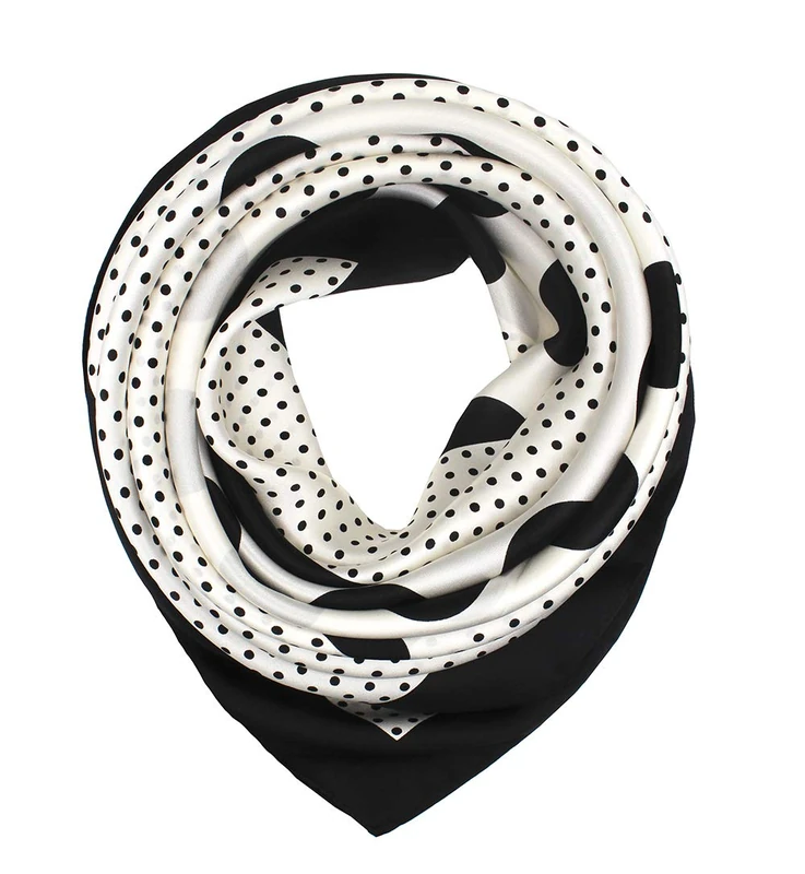 ANDANTINO 100% Pure Mulberry Silk Scarf 35" Large Square Lightweight Headscarf –Women’s Hair Wraps-With Gift Packed, Black&white Polka Dots, Large