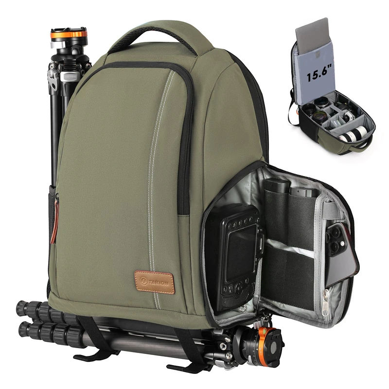 TARION 15L Waterproof Camera Backpack - DSLR Camera Bag with 15.6" Laptop Compartment Side Access Waterproof Rain Cover Tripod Holder for DSLR SLR Mirroless Cameras TB04