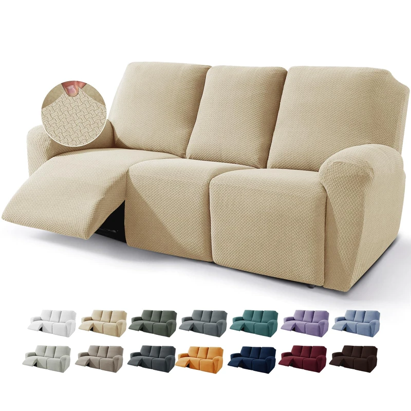 JIVINER 8-Piece Sofa Covers Stretch Jacquard Pattern for Living Room 3 Soft Covers with Pocket, Light Beige