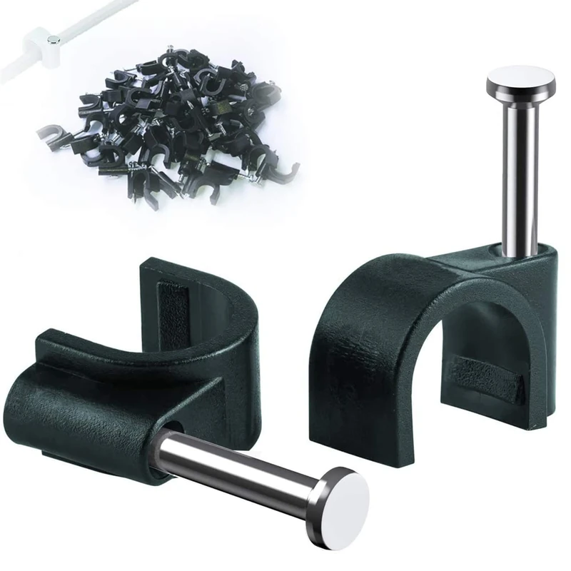 Round Cable Clips, 100Pcs 6MM Electrical Cable Wall Clip - Nail Clips Cable Management, Steel Nails Tacks Holder for Organizing Electric Wires Cables Line TV (Black)