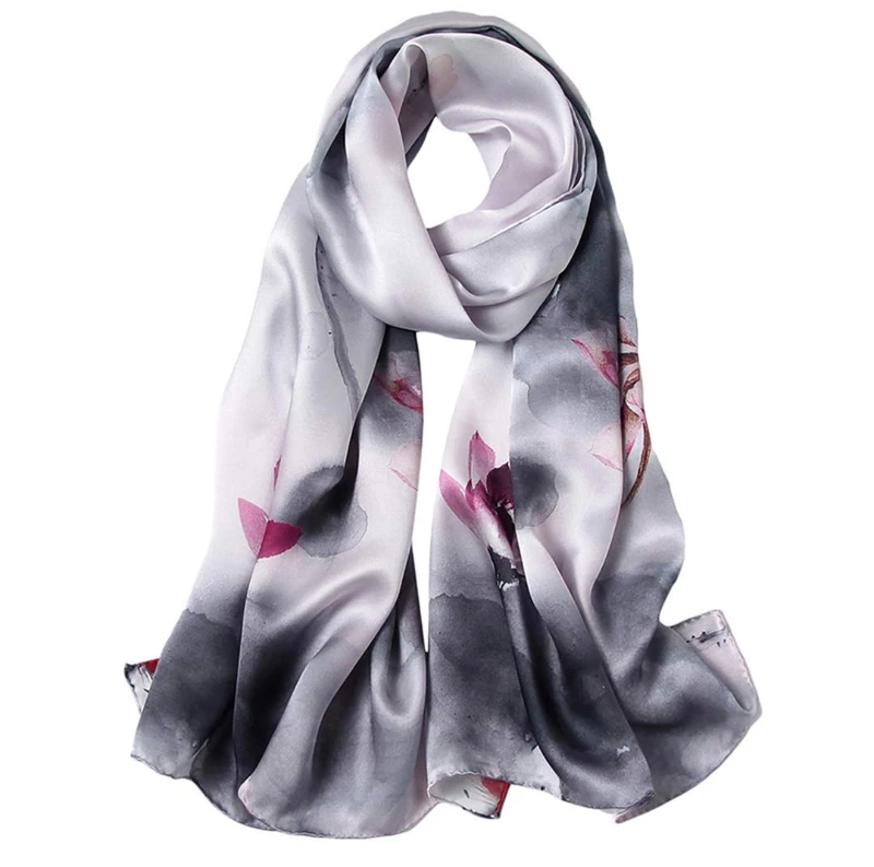 ANDANTINO 100% Mulberry Silk Long Scarf for Women Large Shawls for Headscarf and Neck- Oblong Hair Wraps with Gift Packed, Ink Painting-lotus, Large