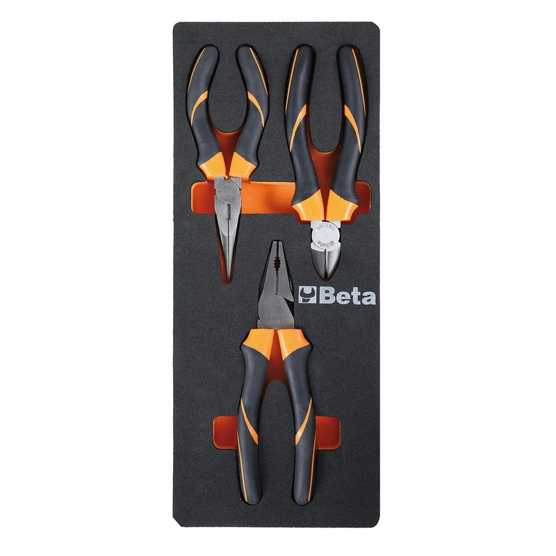 Beta M134 Soft Form Pliers and Nippers, Assortment of 1 Universal Plier, 1 Long Half Round Nose Pliers and 1 Nippers, Bimaterial Non-Slip Handle, with Industrial Finish