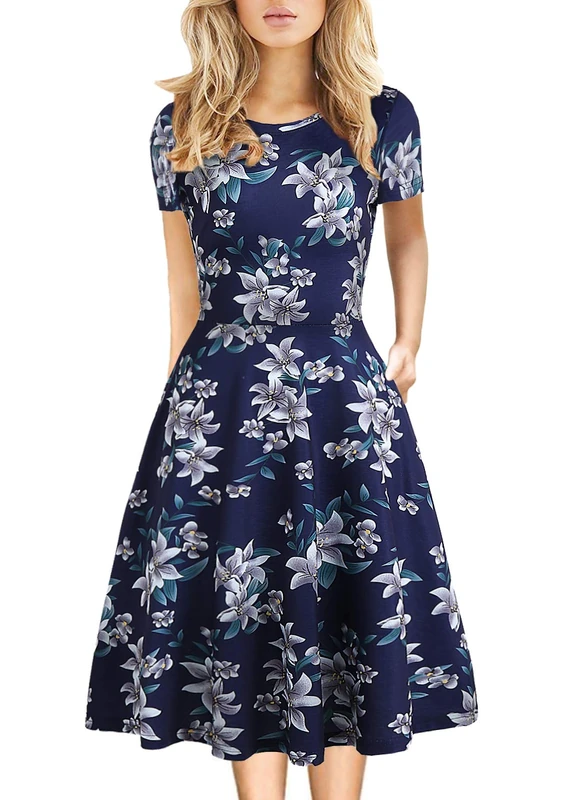 HELYO Women's Elegant Vintage 50s Office Casual Floral Print Work Party A-Line Swing Dress with Pockets 162, Navy Floral-162, L - Image 1