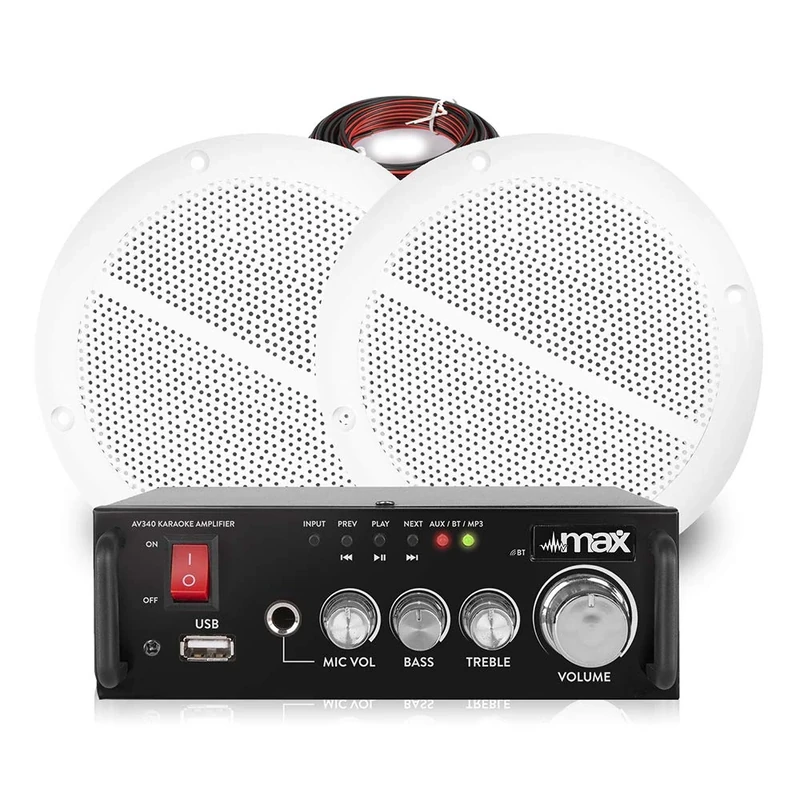 VONYX Marine Waterproof Ceiling Speakers Kit - 5 Inch IP44 Bathroom Kitchen Speakers Set with AV340 Bluetooth Karaoke Amplifier, Home Audio Sound System, Installation Cables Included