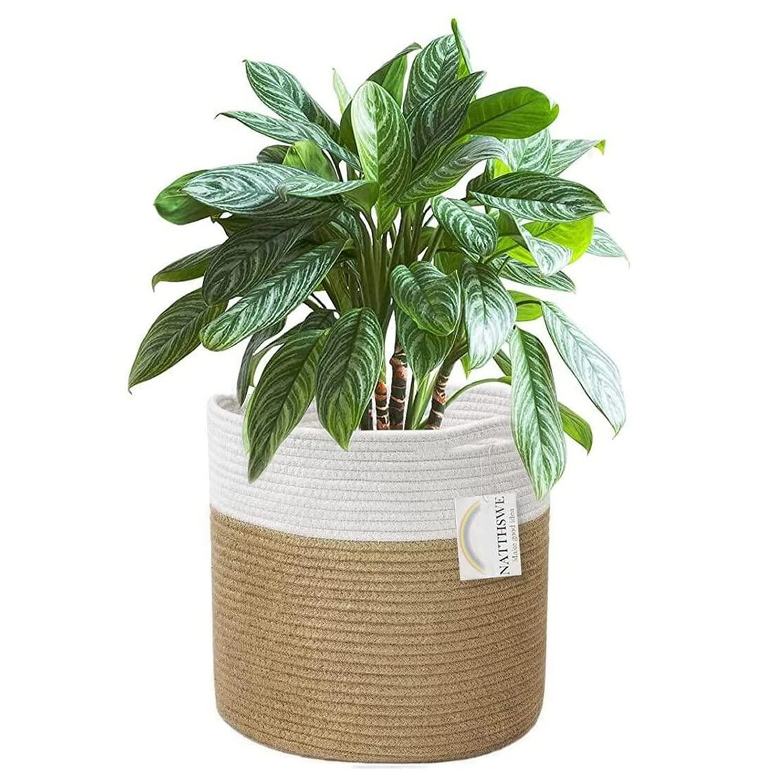 NATTHSWE Plant Basket With Liner, Indoor Woven Plant Pots for 9" Planter Flower Pots Cotton Rope Jute Plant Pot Decoration Foldable Laundry Basket Household Storage Basket