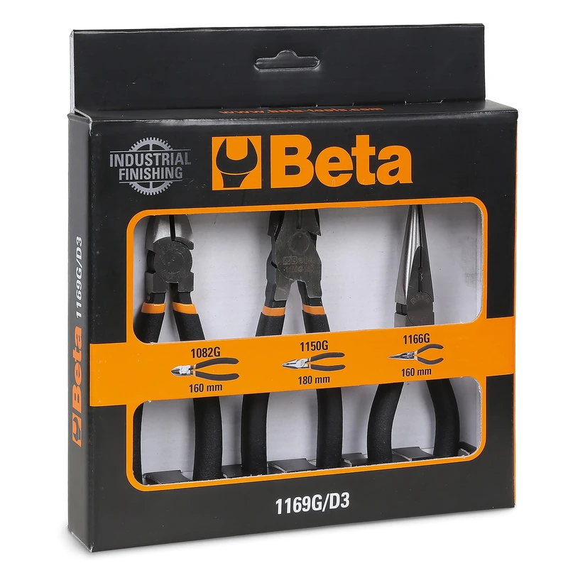 Beta 1169G/D3 Assortment of 1 Universal Plier, 1 Long Half Round Nose Pliers and 1 Cutter, with 2 Layers of Non-Slip PVC with Industrial Finish