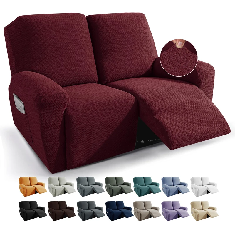 JIVINER 6-Piece Cover for Love Recliner Sofa Stretch Jacquard Pattern 2 Seater Washable with Pocket Wine Red
