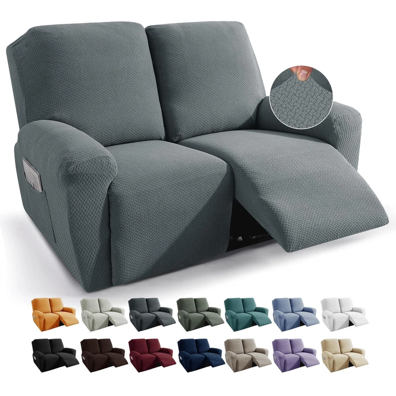 JIVINER 6-Piece Loveseat Recliner Slipcover Stretch Jacquard Recliner Sofa Cover 2 Seater Washable Reclining Couch Cover with Pocket Fitted Furniture Protector Cover (Loveseat Recliner, Light Gray)