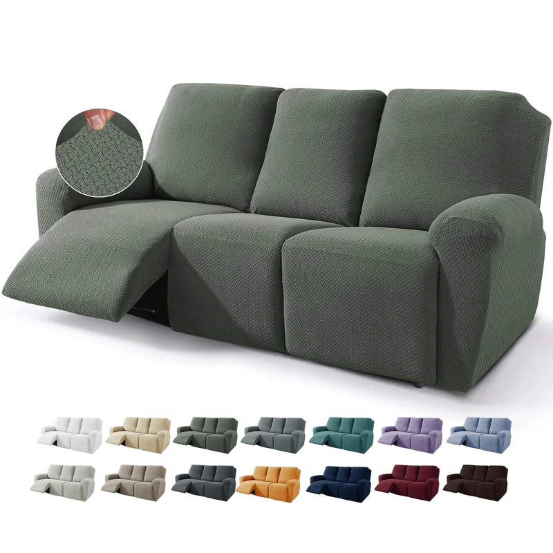 JIVINER - 8 Pieces Stretch Recliner Sofa Covers Stretch Jacquard Sofa Covers for Living Room Soft 3 Cushion Recliner Sofa Protector with Pocket, Army Green