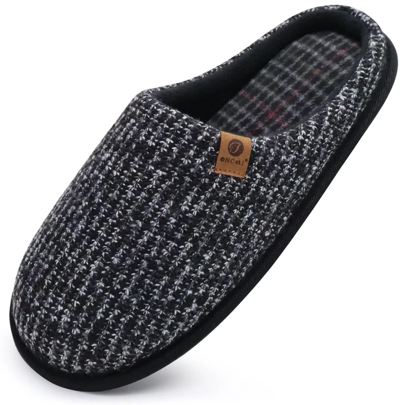 ONCAI Mens Slippers Black Knit Stripes Memory Foam Mule Slippers Slip On Warm House Indoor/Outdoor Shoes With Non-Slip Sole Size 12