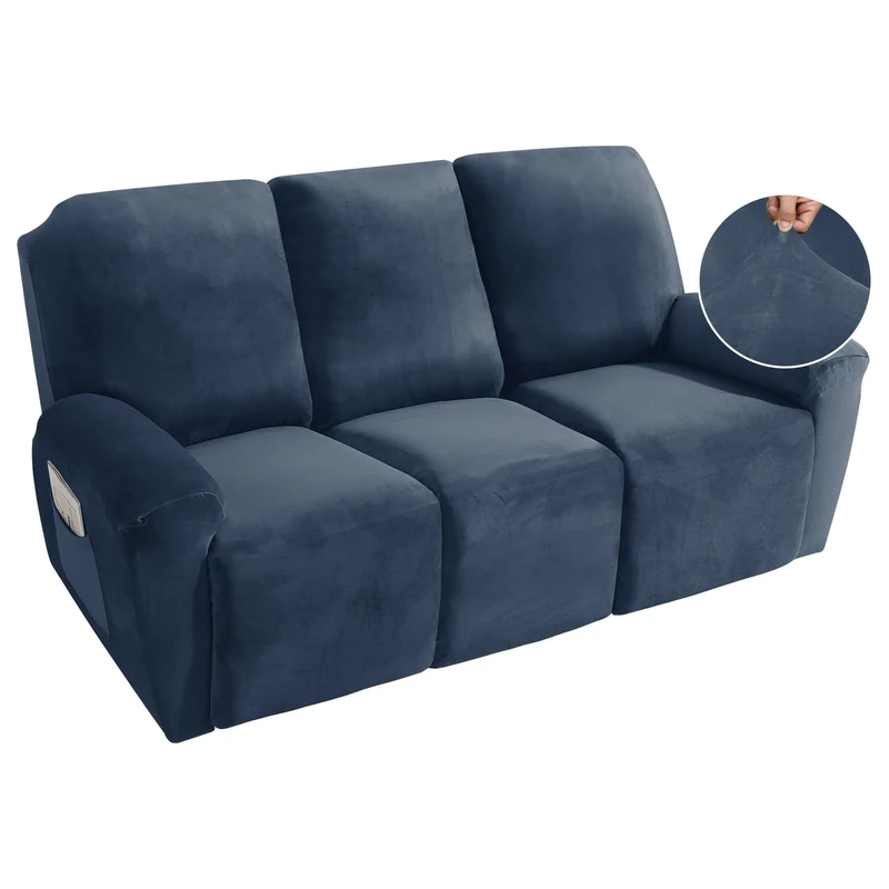 MAXIJIN 8 Pieces Recliner Sofa Covers, Stretch Velvet Reclining Couch Covers for 3 Cushion Furniture Covers, Thick, Soft, Washable Reclining Sofa Slipcovers (Sofa Recliner, Navy Blue)