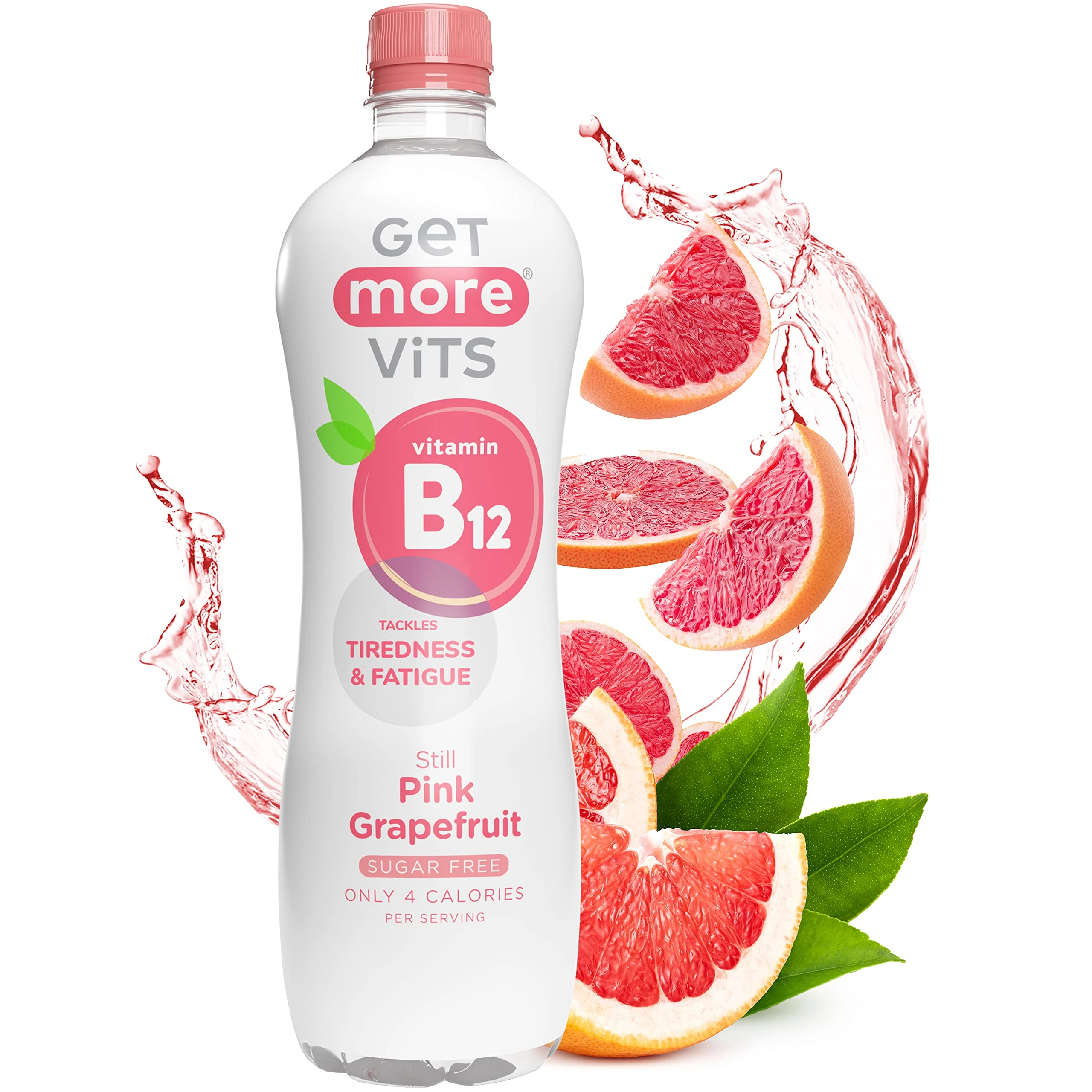 Get More Vits Flavoured Water - Vegan, Low Calorie, & Sugar Free Spring Water with of Vitamin B12 - Pink Grapefruit Flavoured Adults & Kids Drinks - 1 Litre Spring Water Bottle Multipack, Pack of 12