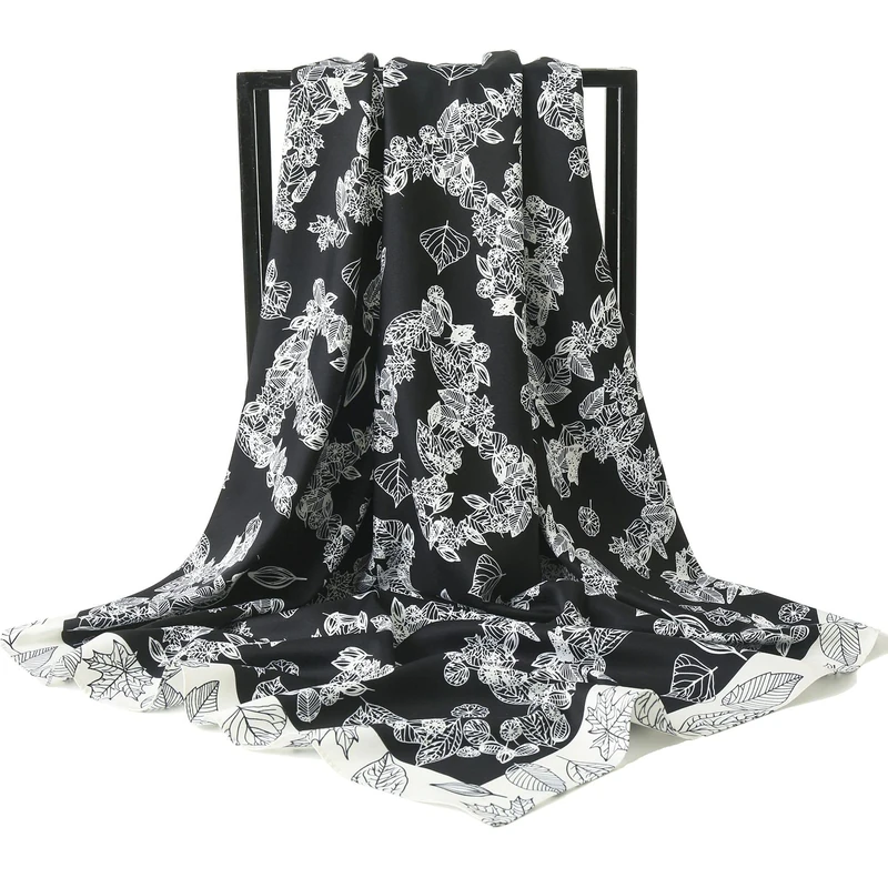 ANDANTINO 100% Pure Mulberry Silk Scarf 35" Large Square Lightweight Headscarf –Women’s Hair Wraps-With Gift Packed (Black Leaves)