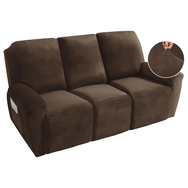 MAXIJIN 8 Pieces Recliner Sofa Covers, Stretch Velvet Reclining Couch Covers for 3 Cushion Furniture Covers, Thick, Soft, Washable Reclining Sofa Slipcovers (Sofa Recliner, Dark Coffee)