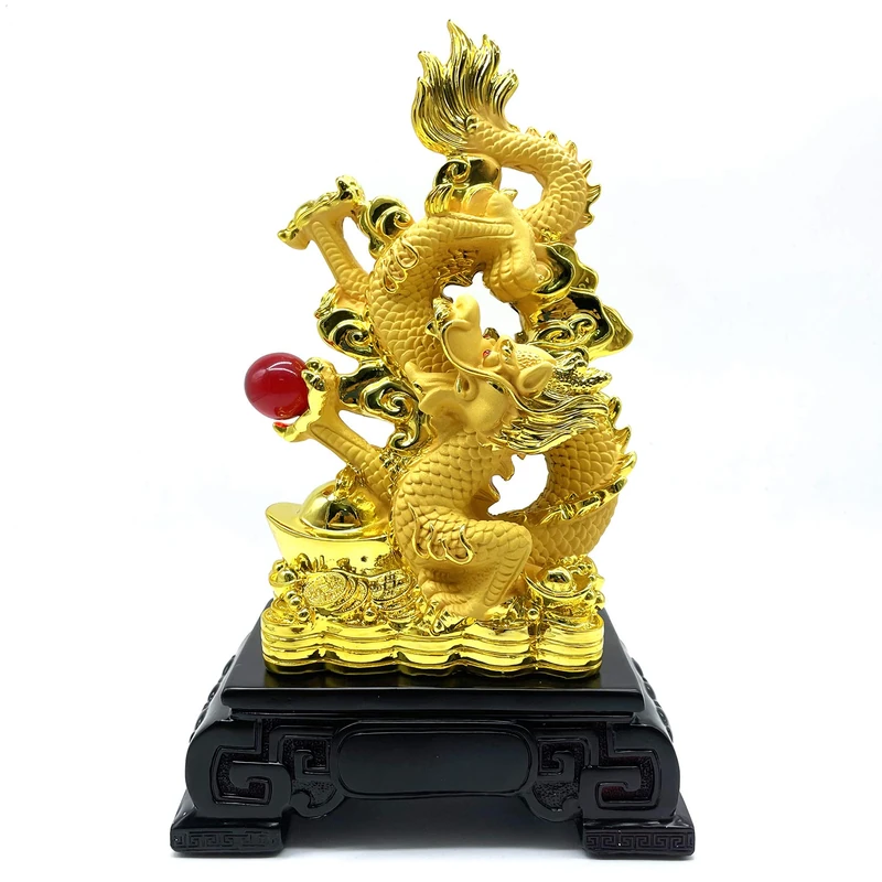 FUNSXBUG 11 Inch Gold Chinese Feng Shui Dragon Statue Figurine - Home Office Decor - Lucky Gift