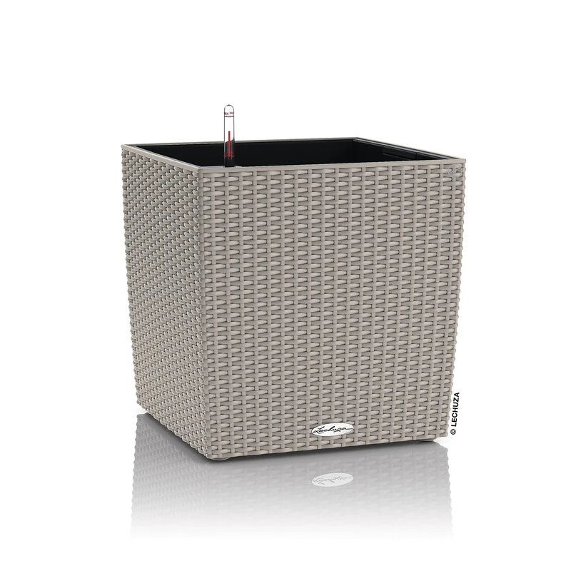 Lechuza Self Watering Plant Pots CUBE Cottage 40 Rattan Look Plastic Garden Outdoor Indoor Planter with Drainage Hole H40 L40 W40 cm Sand Brown