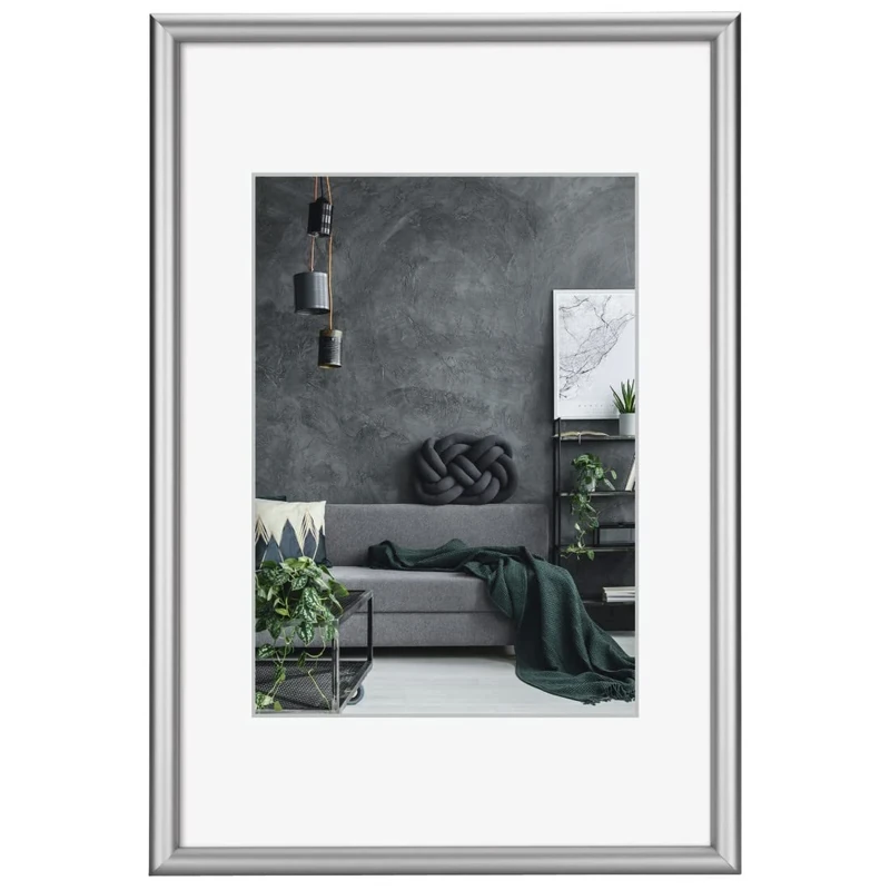 Hama Detroit Picture Frame, 50 x 70 cm, Aluminium Frame, Portrait Format, Landscape Format, Hanging, with Mount, Shatterproof, Polystyrene Picture Size 50 x 70 cm, Silver