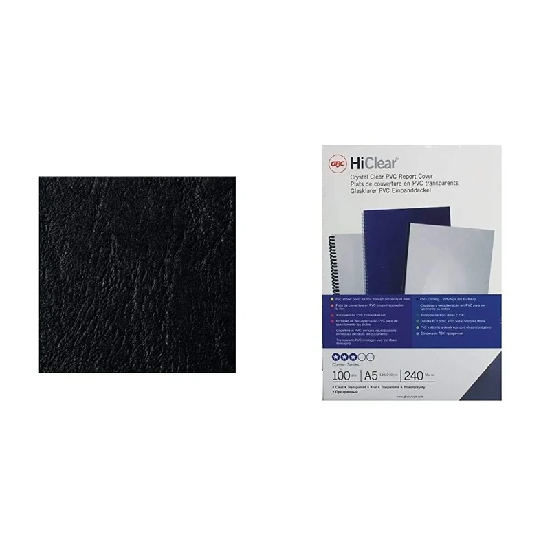 GBC 46700E A4 Leather Grain Binding Covers 250gsm - Black & 4400025 HiClear Binding Covers, 240 Micron, A5, Clear, Pack of 100