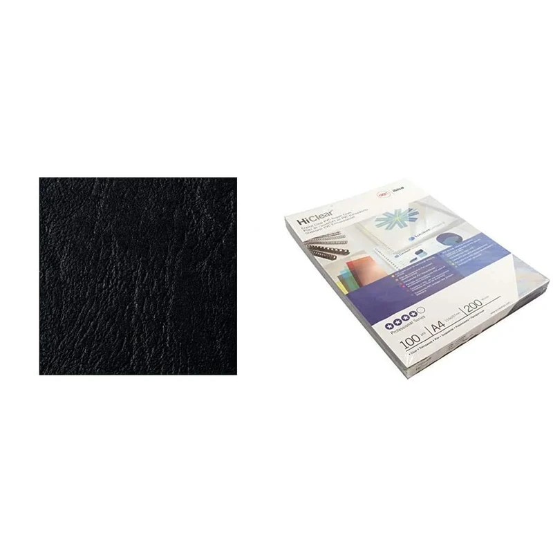 GBC 46700E A4 Leather Grain Binding Covers 250gsm - Black & HiClear Binding Covers, 200 Micron, A4, Clear, Pack of 100, CE012080E