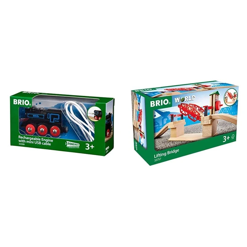 BRIO World Rechargeable Engine w mini USB cable for Kids Age 3 Years and Up & World Lifting Bridge for Kids Age 3 Years and Up, Compatible with all Train Sets