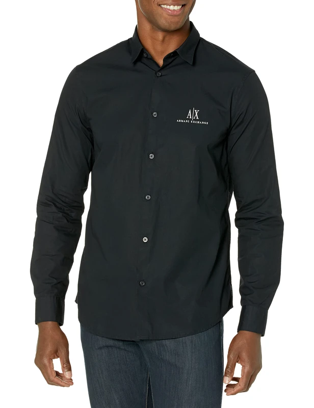Armani Exchange Men's A|x Long Sleeve Icon Logo Button Shirt, Black, S