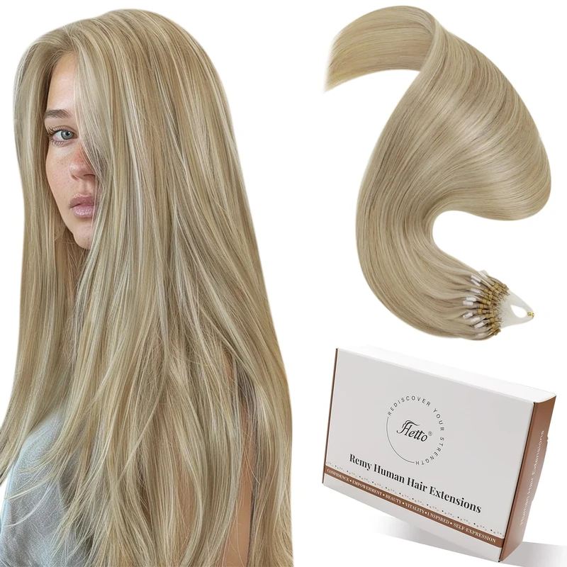 Hetto Micro Beads Hair Extensions Real Human Hair Blonde 22 Inch Straight Micro Loop Human Hair No Pulling Lightweight Hair Extensions for Sensitive Scalp 50g 50strands #17/23