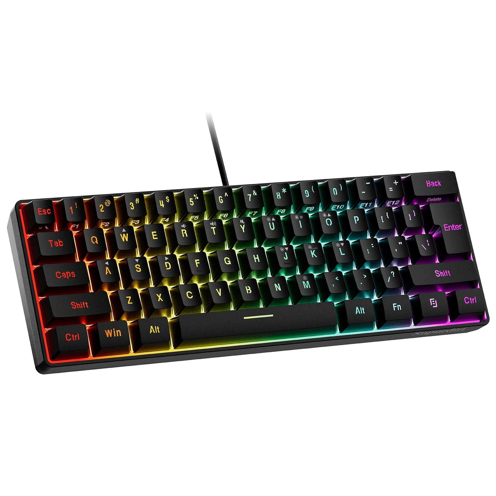 Snpurdiri 60% Wired Gaming Keyboard, RGB Backlit Ultra-Compact Water-Resistant Mini Keyboard, 61 Keys, for PC/Mac Gamers, Typists, Travel, Easy to Carry on Business Trips, Black (QWERTY Layout)
