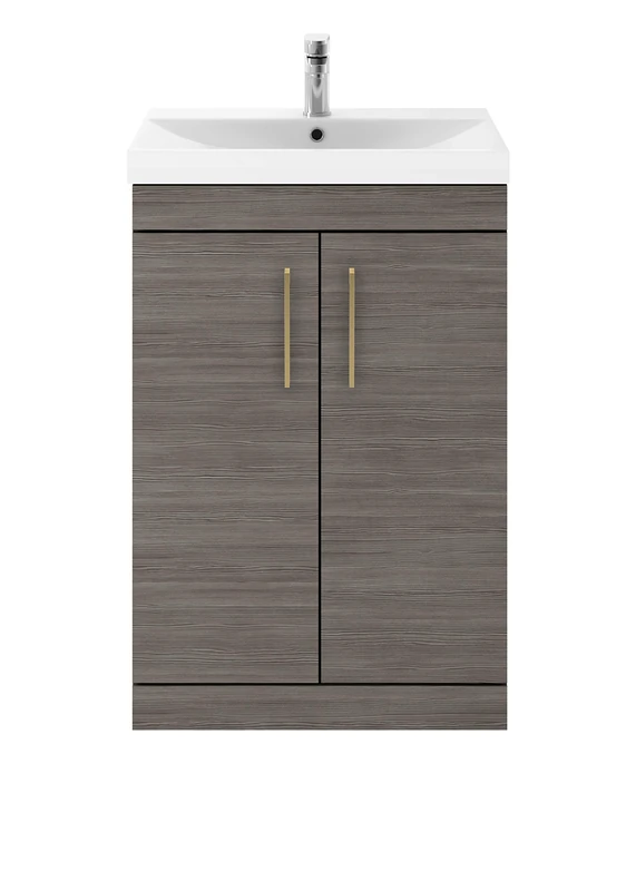 Nuie ATH004D21 Athena Modern Bathroom Floor Standing Vanity Storage Unit with Basin and Brushed Brass D Handle, 500mm, Brown Grey Avola