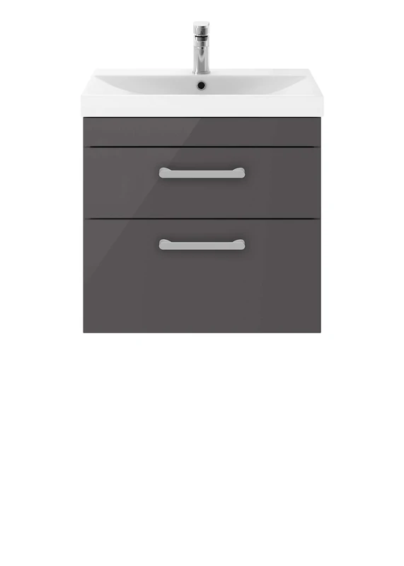 Nuie ATH078D62 Athena Modern Bathroom Wall Hung Vanity Storage Unit with Basin and Chrome Rounded Handles, Gloss Grey, 600mm