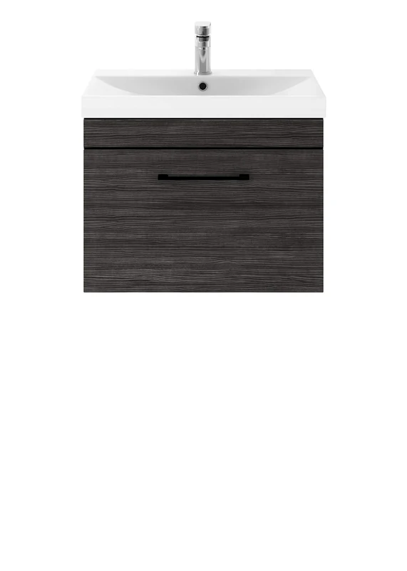 Nuie ATH012D65 Athena Modern Bathroom Wall Hung Vanity Storage Unit and Basin with Matt Handle, 500mm, Hacienda Black