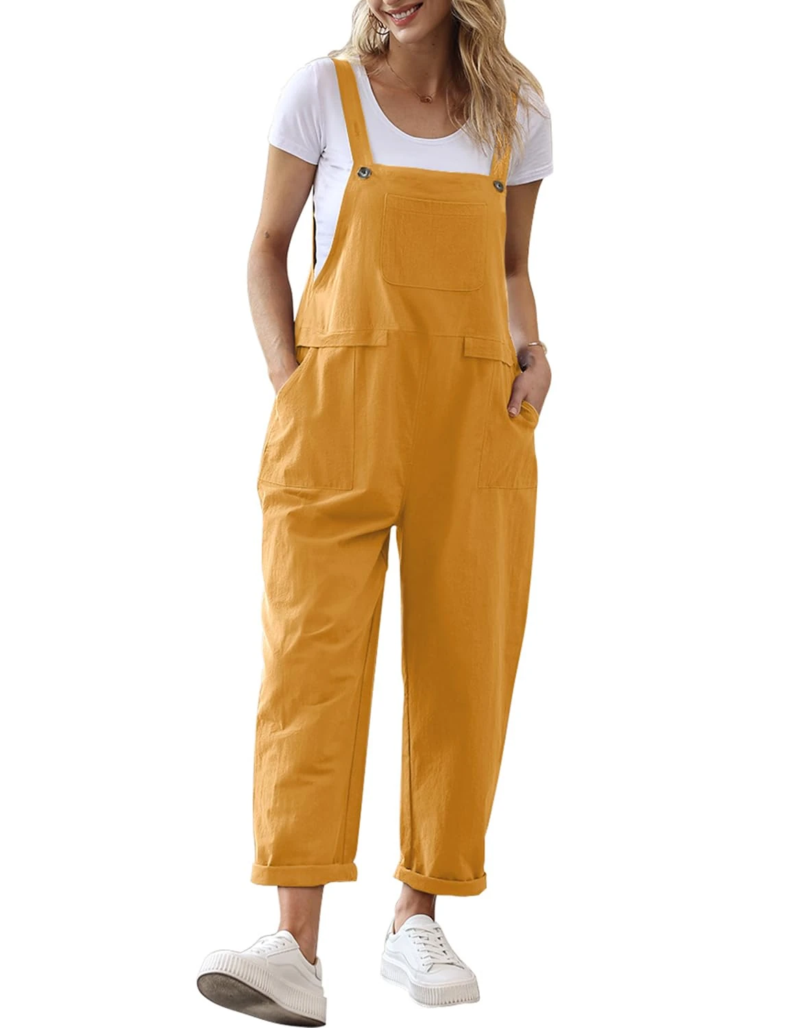 YESNO Women's Dungarees Loose Casual Plus Size Lightweight Sleeveless Overall Long Jumpsuit Playsuit Trousers Pants Dungarees (M PV9UK Ginger)