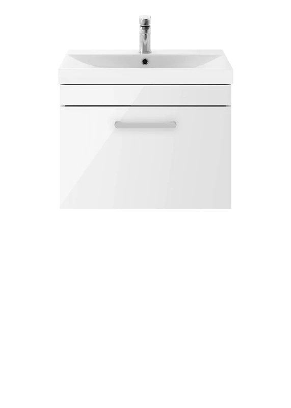 Nuie ATH041D62 Athena Modern Bathroom Wall Hung Vanity Storage Unit with Basin and Rounded Chrome Handle, 600mm, Gloss White