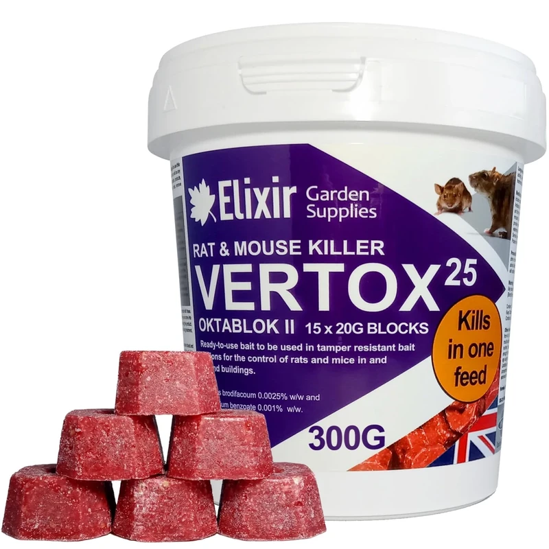Elixir Gardens Vertox 25 300g (15g x 20) Rat, Mouse & Rodent Poison Killer | Fast Acting & Safe Ready-to-Use Wax Bait Blocks | KILLS IN ONE FEED | 1-10 Tub Quantities | 300g Tub x 8