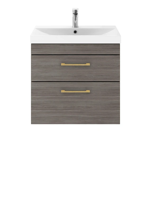 Nuie ATH018D21 Athena Modern Bathroom Wall Hung Vanity Storage Unit with Basin and Brushed Brass D Handle, 500mm, Brown Grey Avola