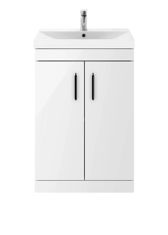 Nuie ATH006D09 Athena Modern Bathroom Floor Standing Vanity Storage Unit with Basin and Matt Black Profile Handle, 500mm, Gloss White