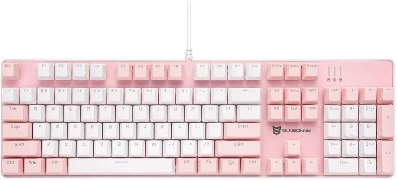 Qisan Mechanical Gaming Keyboard Wired White Backlit Keyboard Brown Switches Full Size 104 Keys US Layout-Pink and White