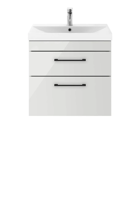 Nuie ATH110D65 Athena Modern Bathroom Wall Hung Vanity Storage Unit with Basin and Matt Black D Handle, Gloss Grey Mist, 600mm