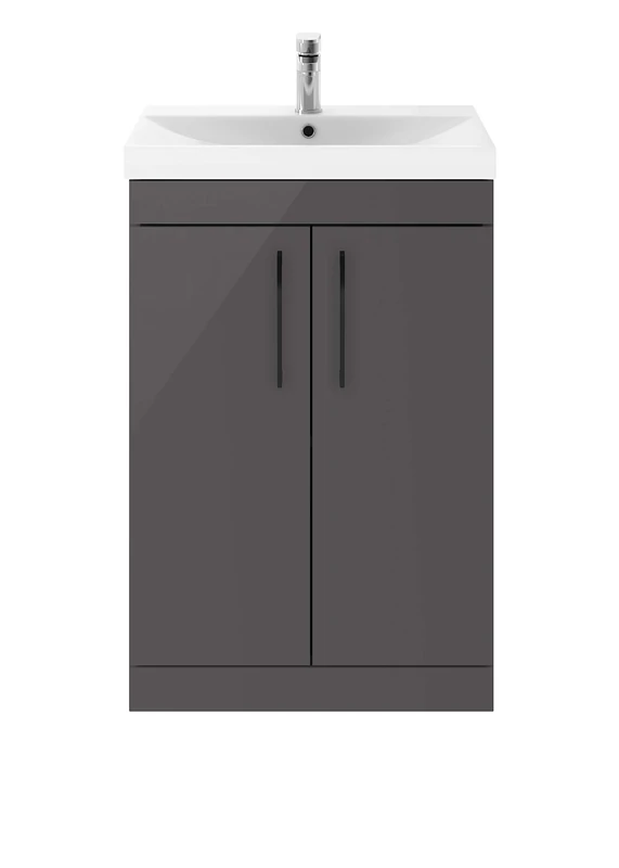 Nuie ATH075D65 Athena Modern Bathroom Floor Standing Vanity Storage Unit with Basin and Matt Black D Handle, Gloss Grey, 600mm