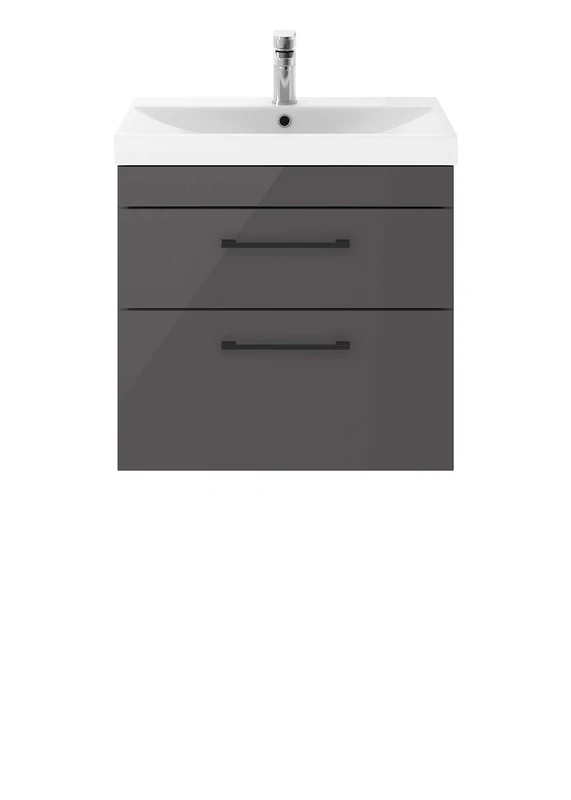 Nuie ATH074D65 Athena Modern Bathroom Wall Hung Vanity Storage Unit with Basin and Matt Black D Handle, 500mm, Gloss Grey